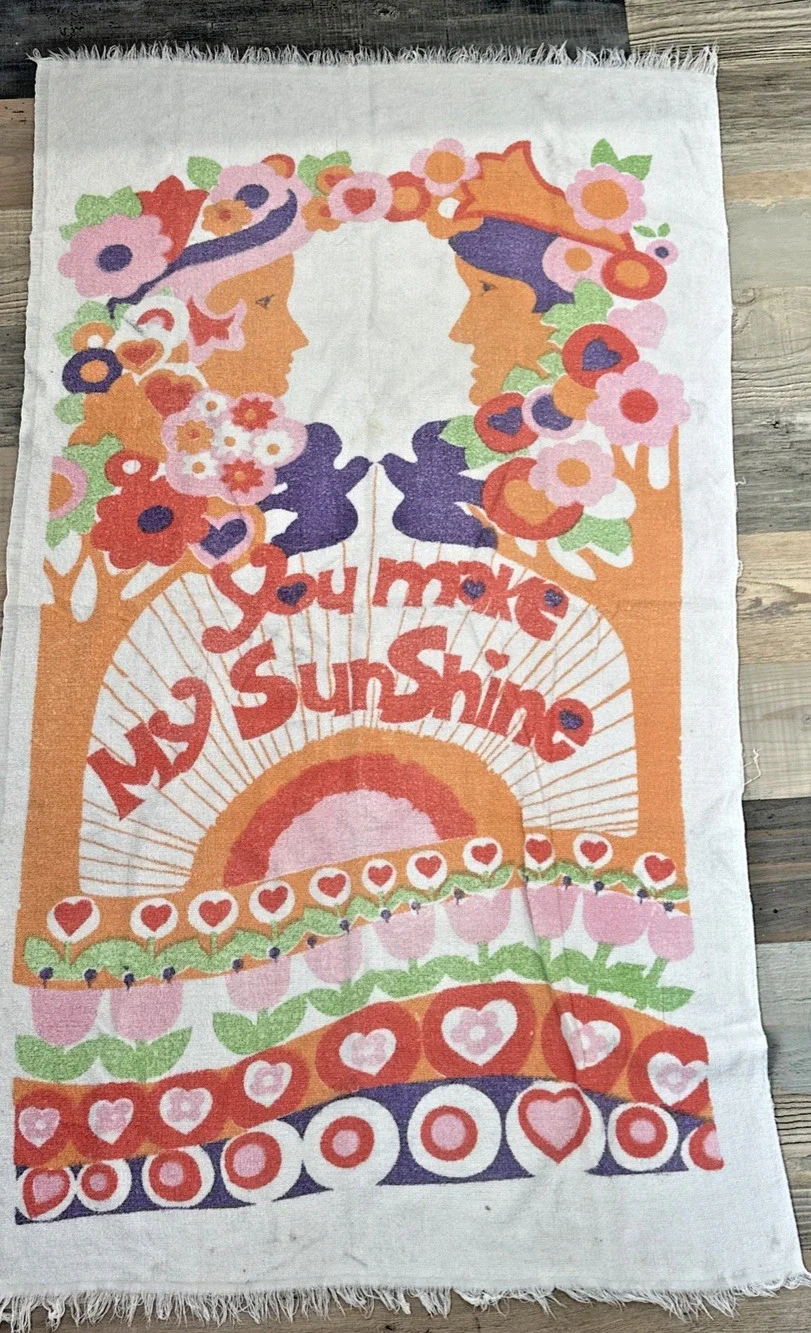 Vintage Fringed Groovy Beach Towel Hippie Flower Power “You Make My Sunshine”